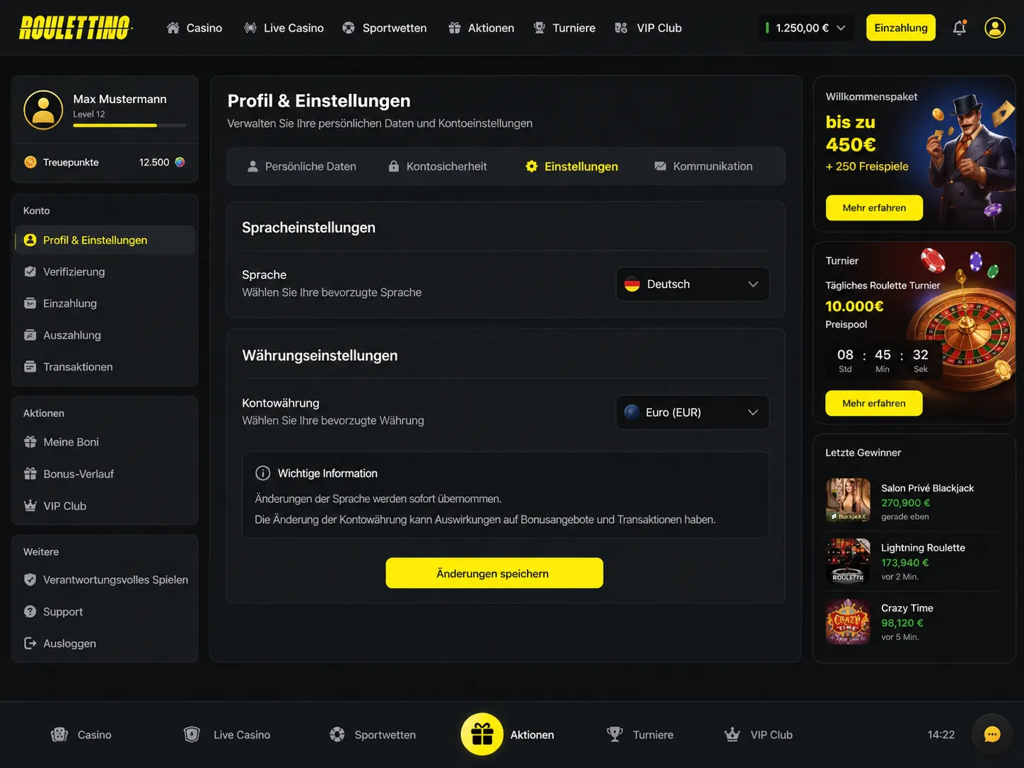 Ekran ustawień konta w Roulettino Casino z wyborem języka i waluty oraz informacją o możliwym przewalutowaniu przy wpłatach i wypłatach
