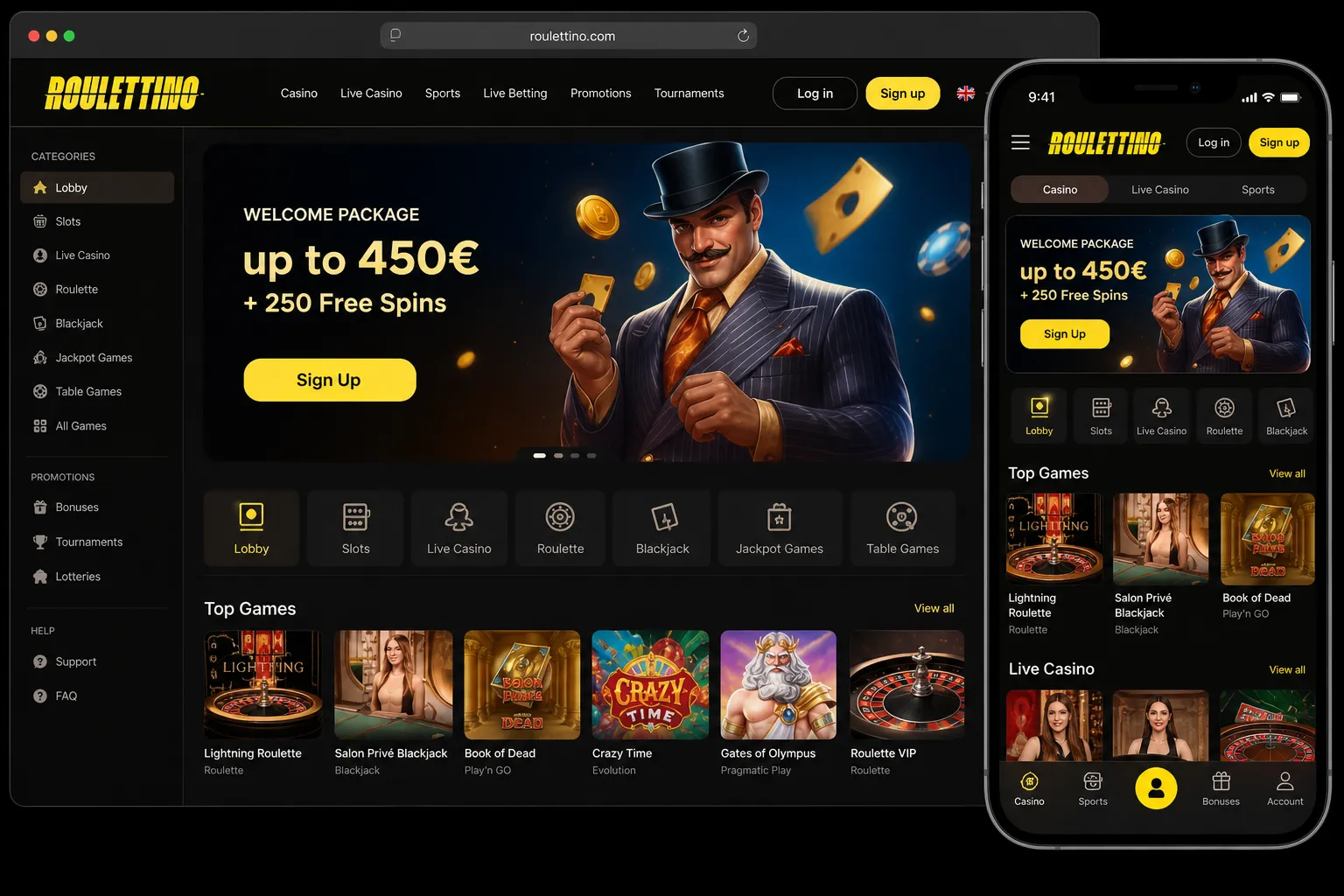 Widok strony Roulettino Casino na smartfonie z opcją dodania skrótu do ekranu głównego